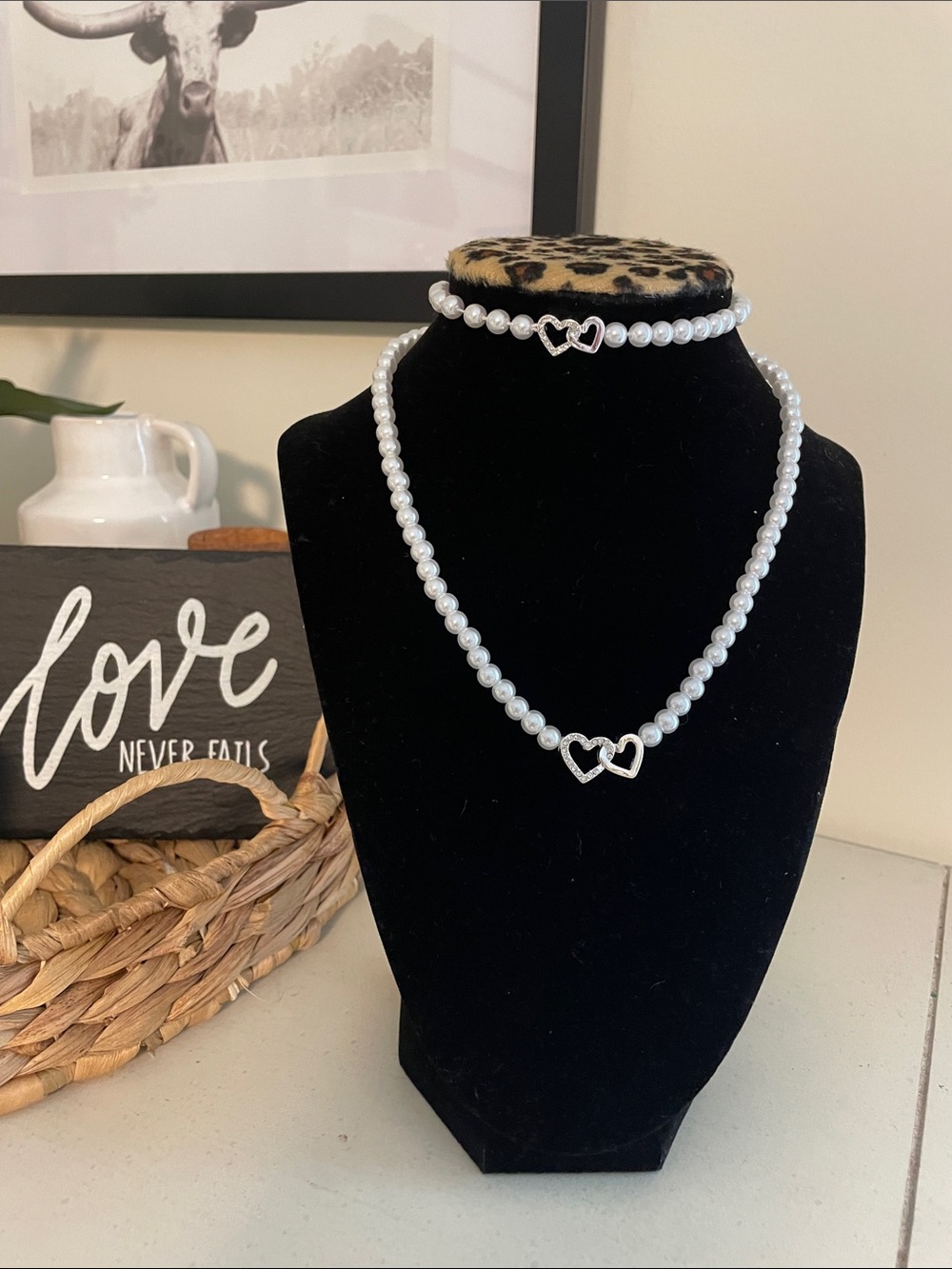 Classic White Pearl Necklace & Choker with Double Heart Accents